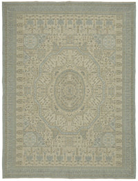 Veltos Uşak Halısı Bej Mavi Madalyon Desenli El Dokuma 251x330 cm