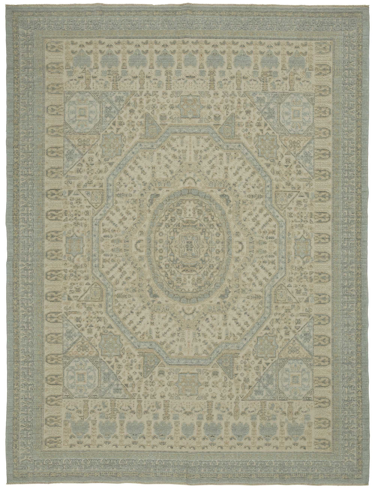 Veltos Uşak Halısı Bej Mavi Madalyon Desenli El Dokuma 251x330 cm
