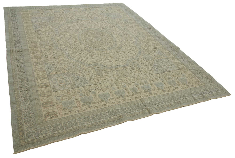 Veltos Uşak Halısı Bej Mavi Madalyon Desenli El Dokuma 251x330 cm – genel görünüm