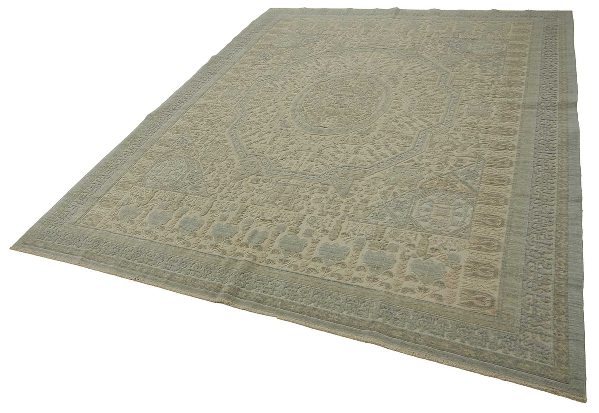 Veltos Uşak Halısı Bej Mavi Madalyon Desenli El Dokuma 251x330 cm – doku yakın çekim