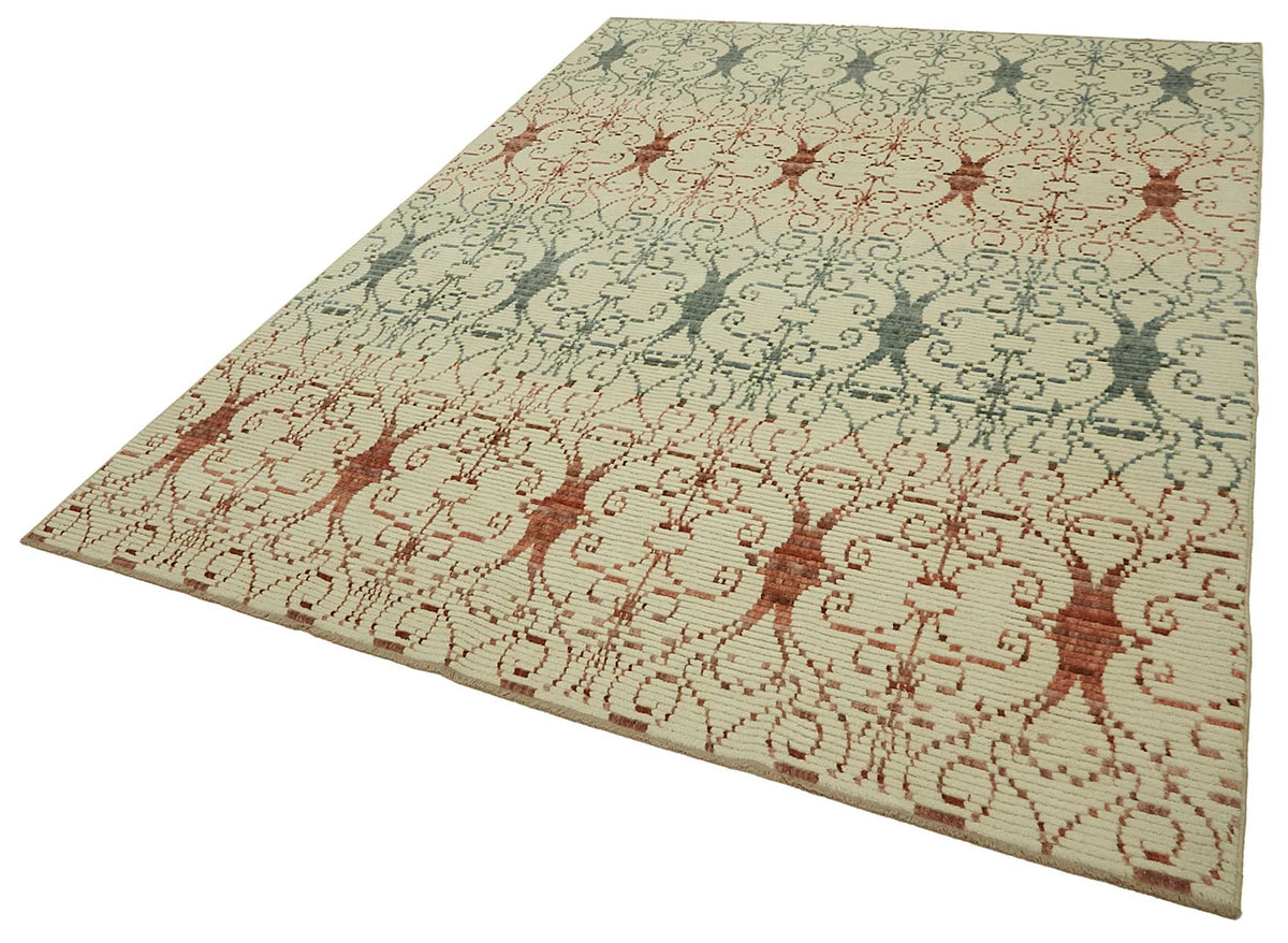 Veltos Krem Kırmızı Geometrik Desenli Yün Dokuma Halı 244x340 cm – doku yakın çekim
