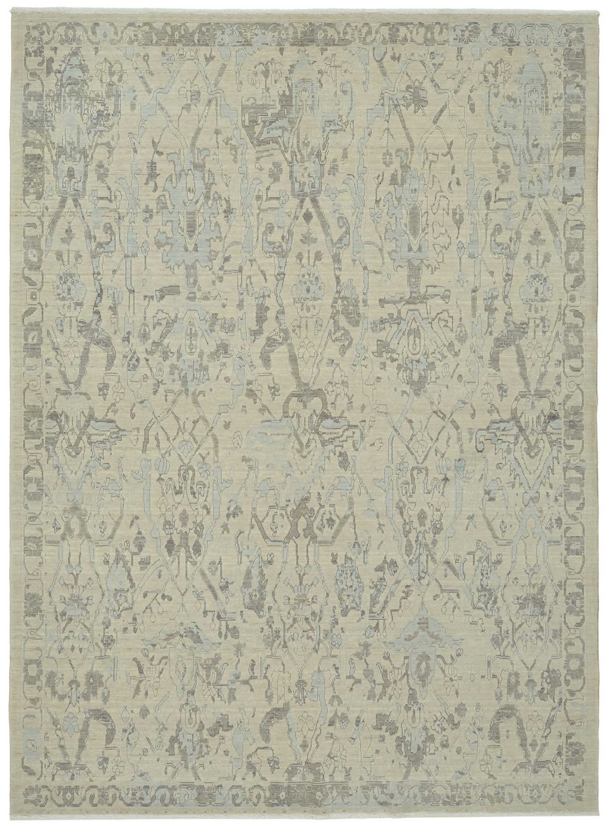 Veltos Bej ve Açık Gri Soyut Desenli Yün El Dokuma Halı 217x297 cm