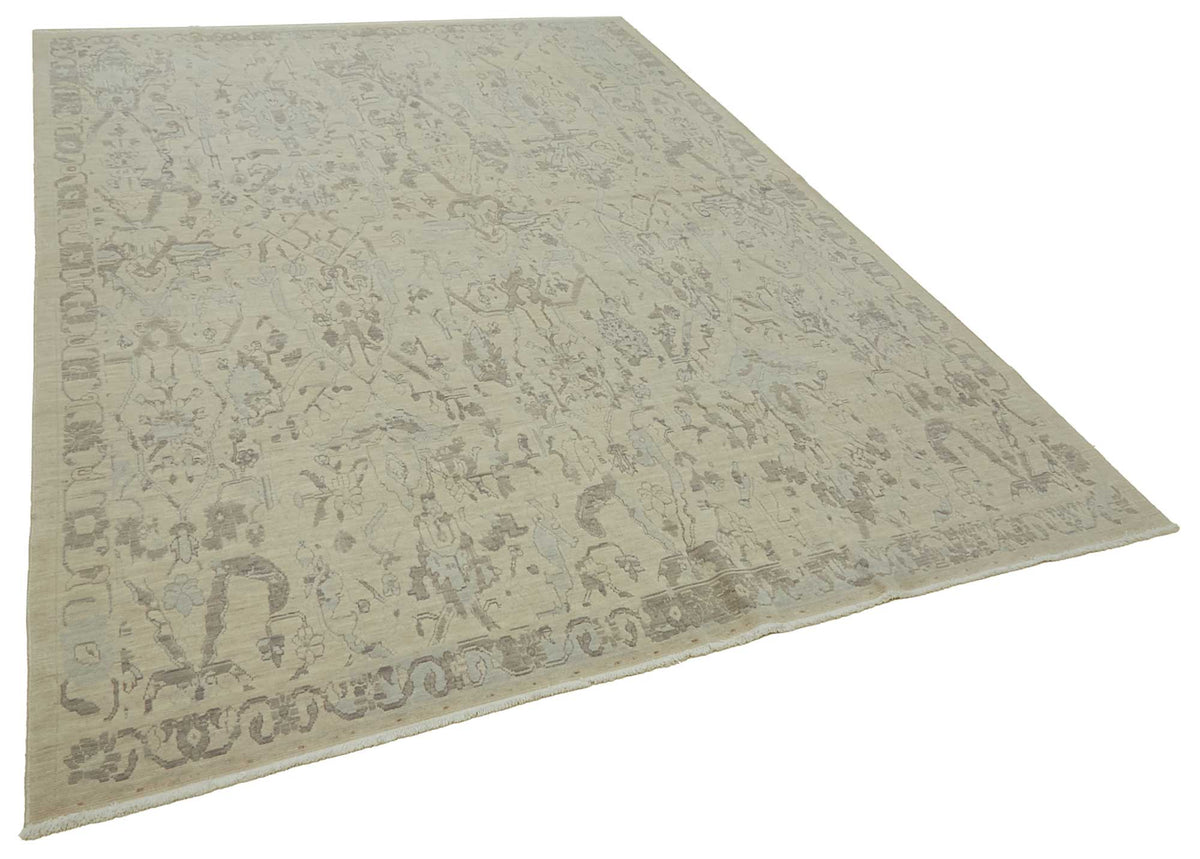 Veltos Bej ve Açık Gri Soyut Desenli Yün El Dokuma Halı 217x297 cm – genel görünüm