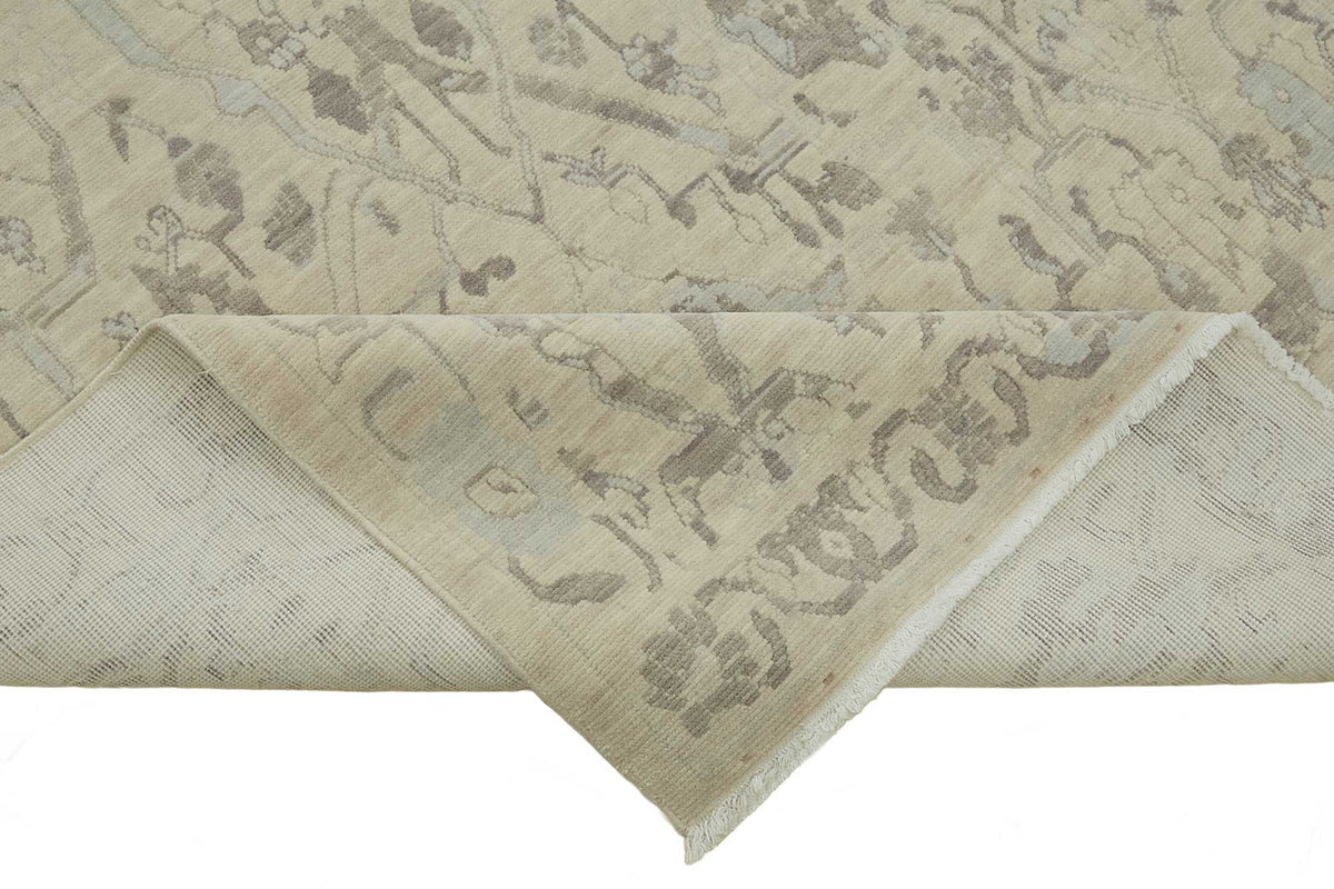 Veltos Bej ve Açık Gri Soyut Desenli Yün El Dokuma Halı 217x297 cm – kenar detayı