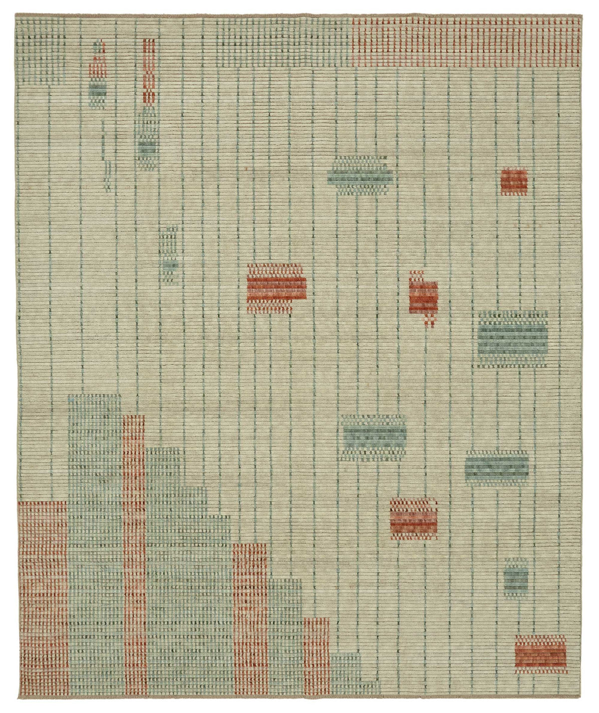 Veltos Geometrik Desenli Bej Turkuaz Yün El Dokuma Halı 242x292 cm