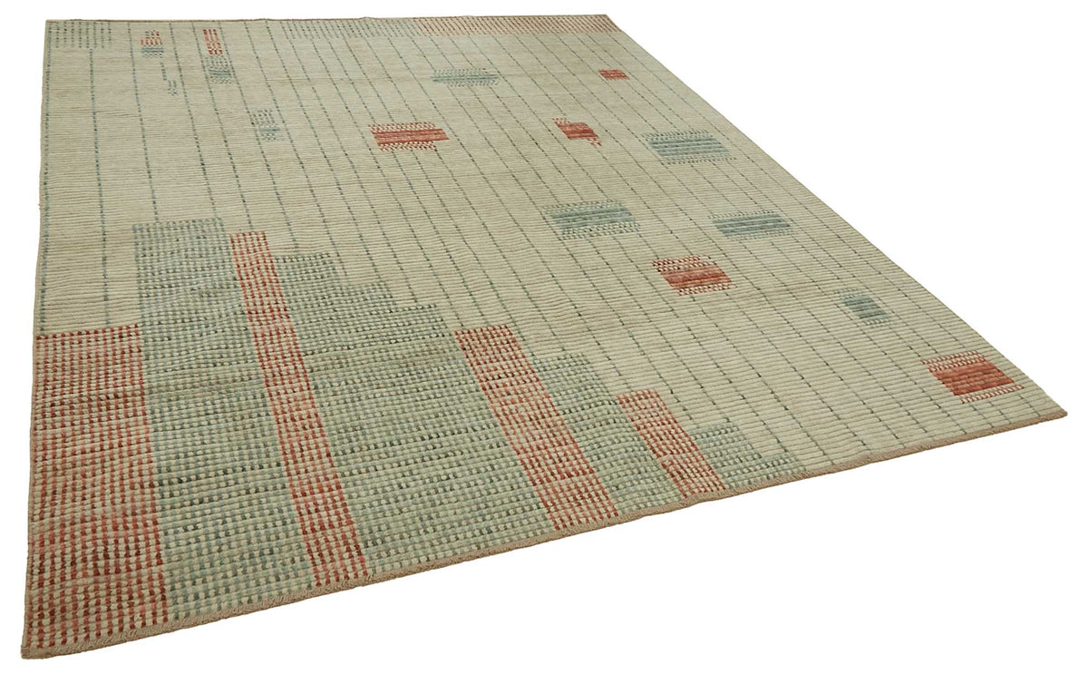 Veltos Geometrik Desenli Bej Turkuaz Yün El Dokuma Halı 242x292 cm – genel görünüm