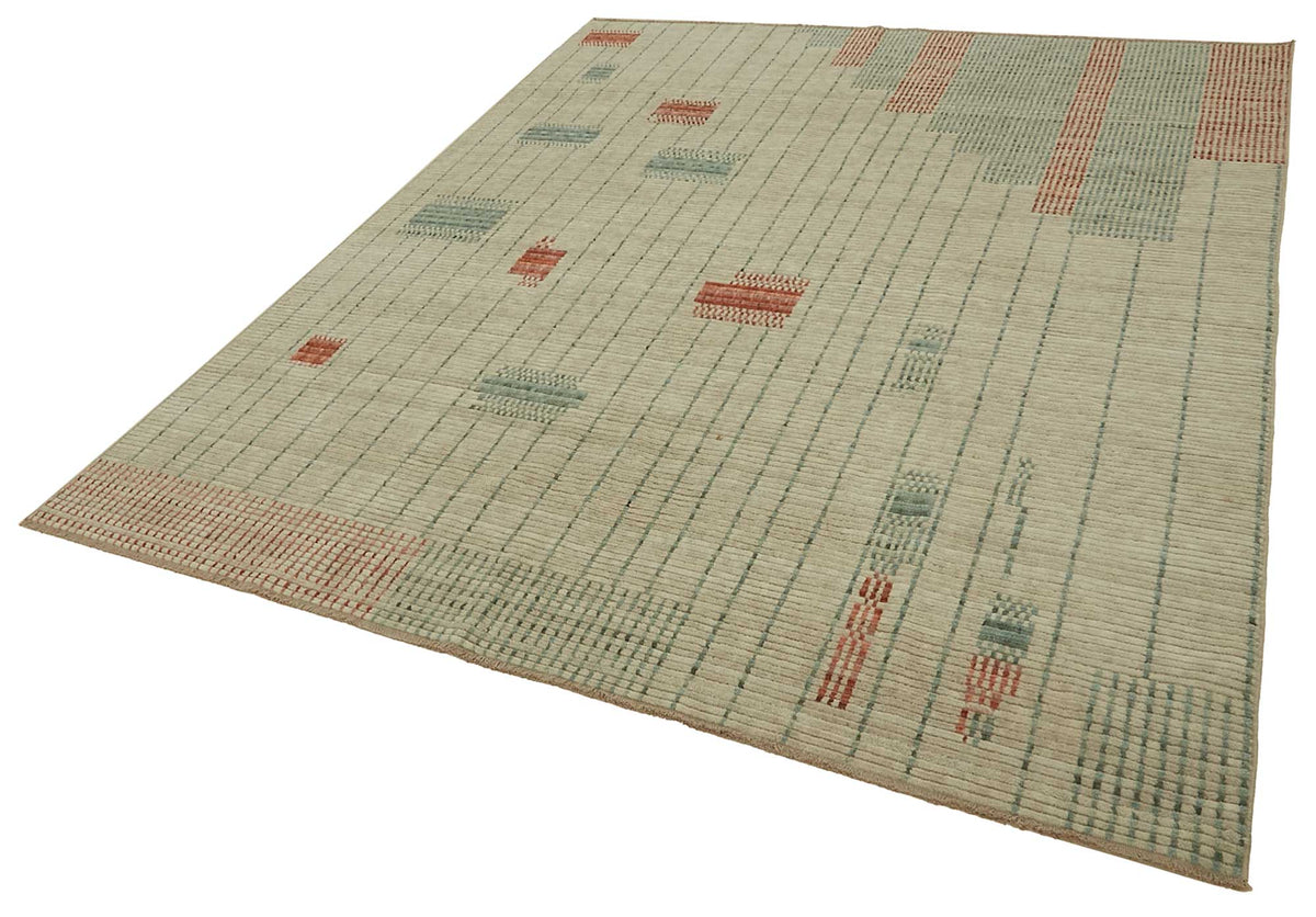 Veltos Geometrik Desenli Bej Turkuaz Yün El Dokuma Halı 242x292 cm – doku yakın çekim