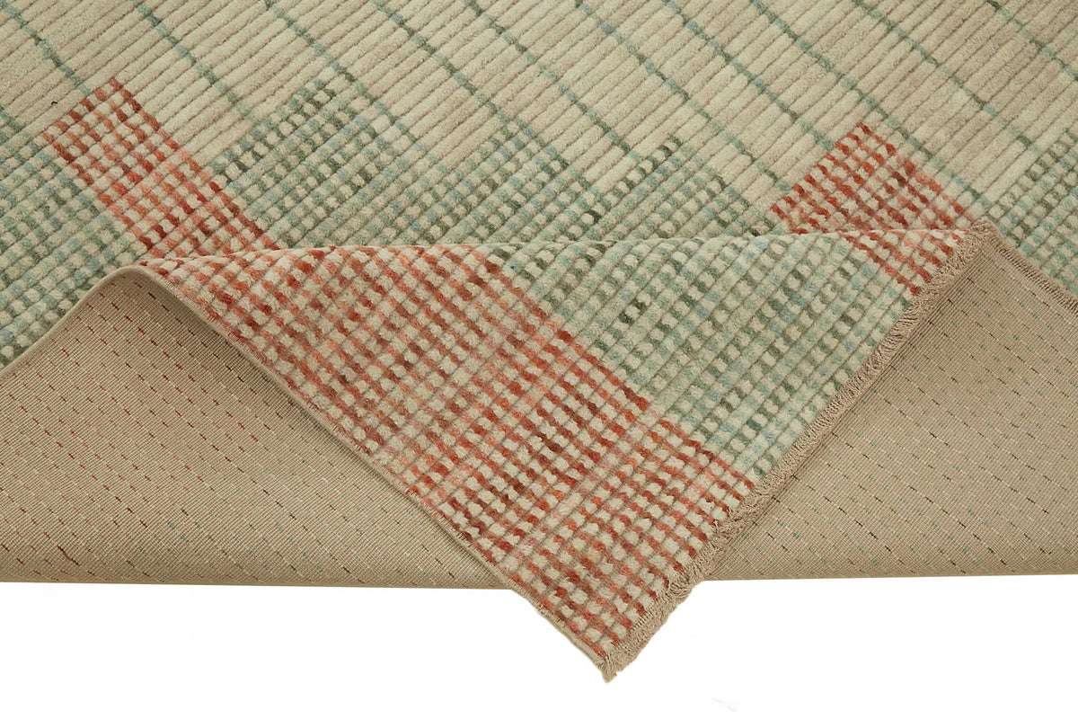 Veltos Geometrik Desenli Bej Turkuaz Yün El Dokuma Halı 242x292 cm – kenar detayı