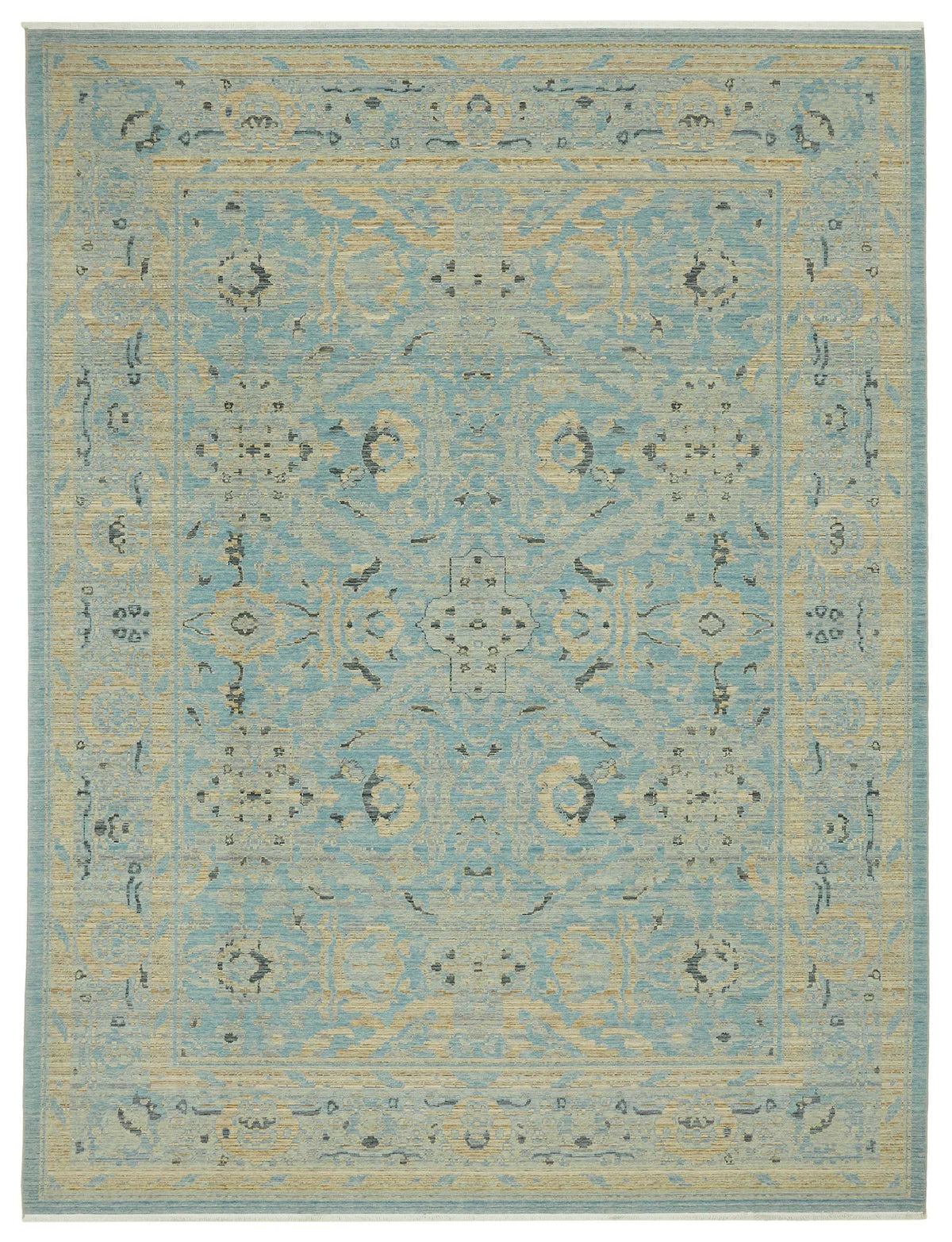 Veltos Turkuaz Bej Madalyon Desenli Yün Düz Dokuma Halı 266x353 cm