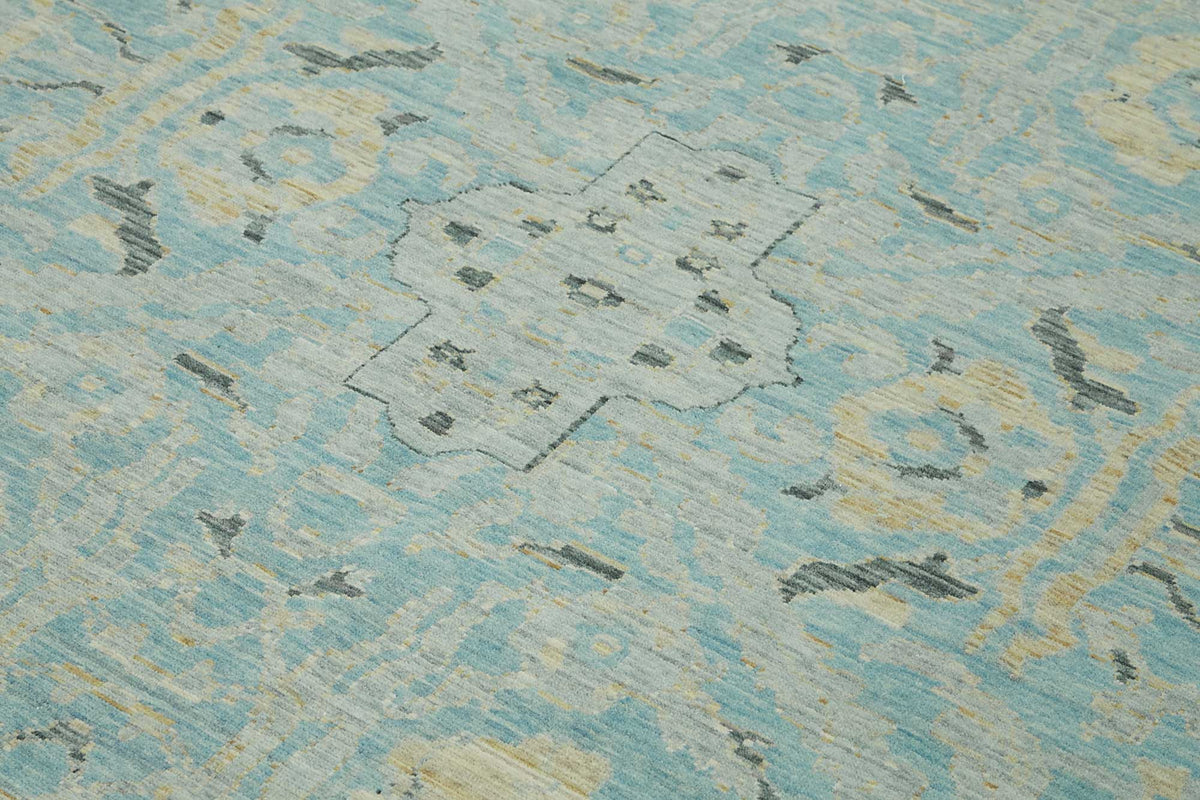 Veltos Turkuaz Bej Madalyon Desenli Yün Düz Dokuma Halı 266x353 cm – mekânda kullanım