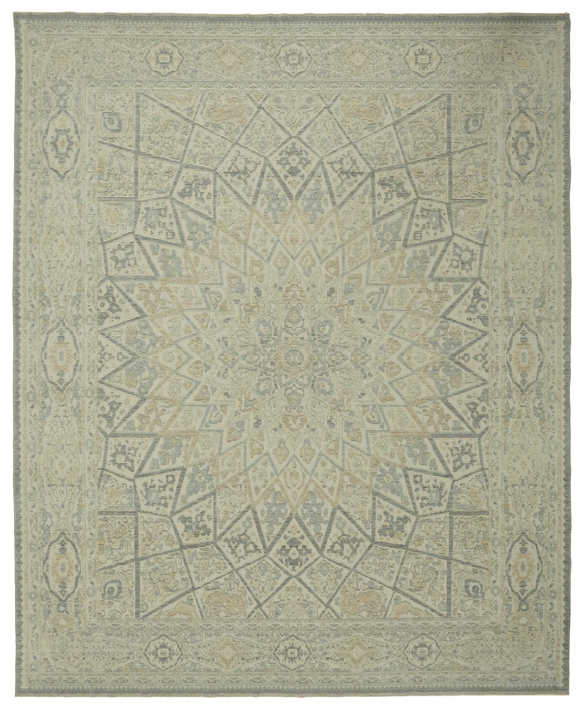 Veltos Geometrik Desenli Ekru ve Antrasit El Dokuma Halı 303x370 cm