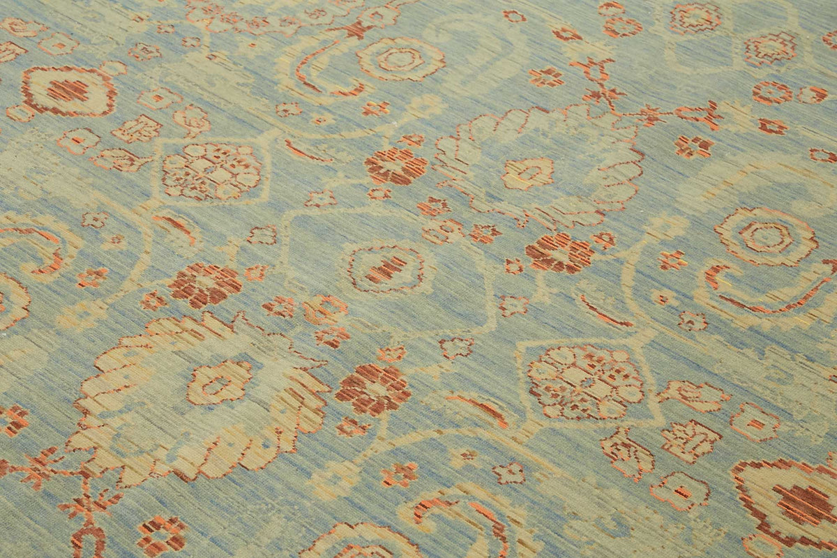 Veltos Uşak Mavi Bej Çiçek Desenli El Dokuma Halı 291x383 cm 47767 – mekânda kullanım