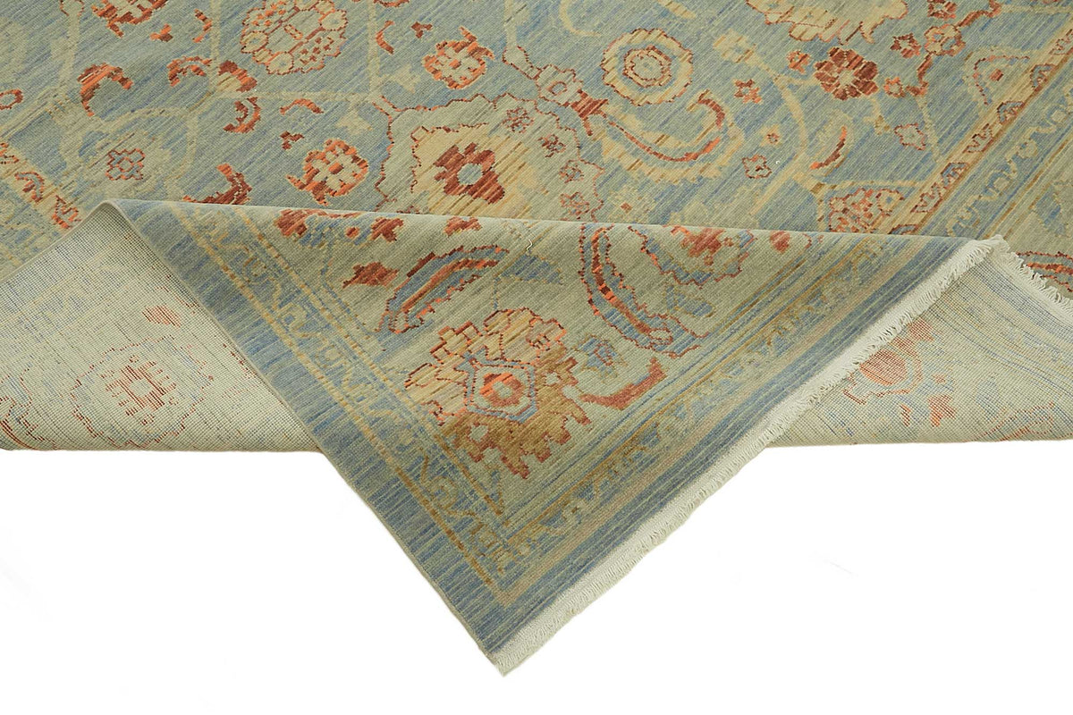 Veltos Uşak Mavi Bej Çiçek Desenli El Dokuma Halı 291x383 cm 47767 – kenar detayı