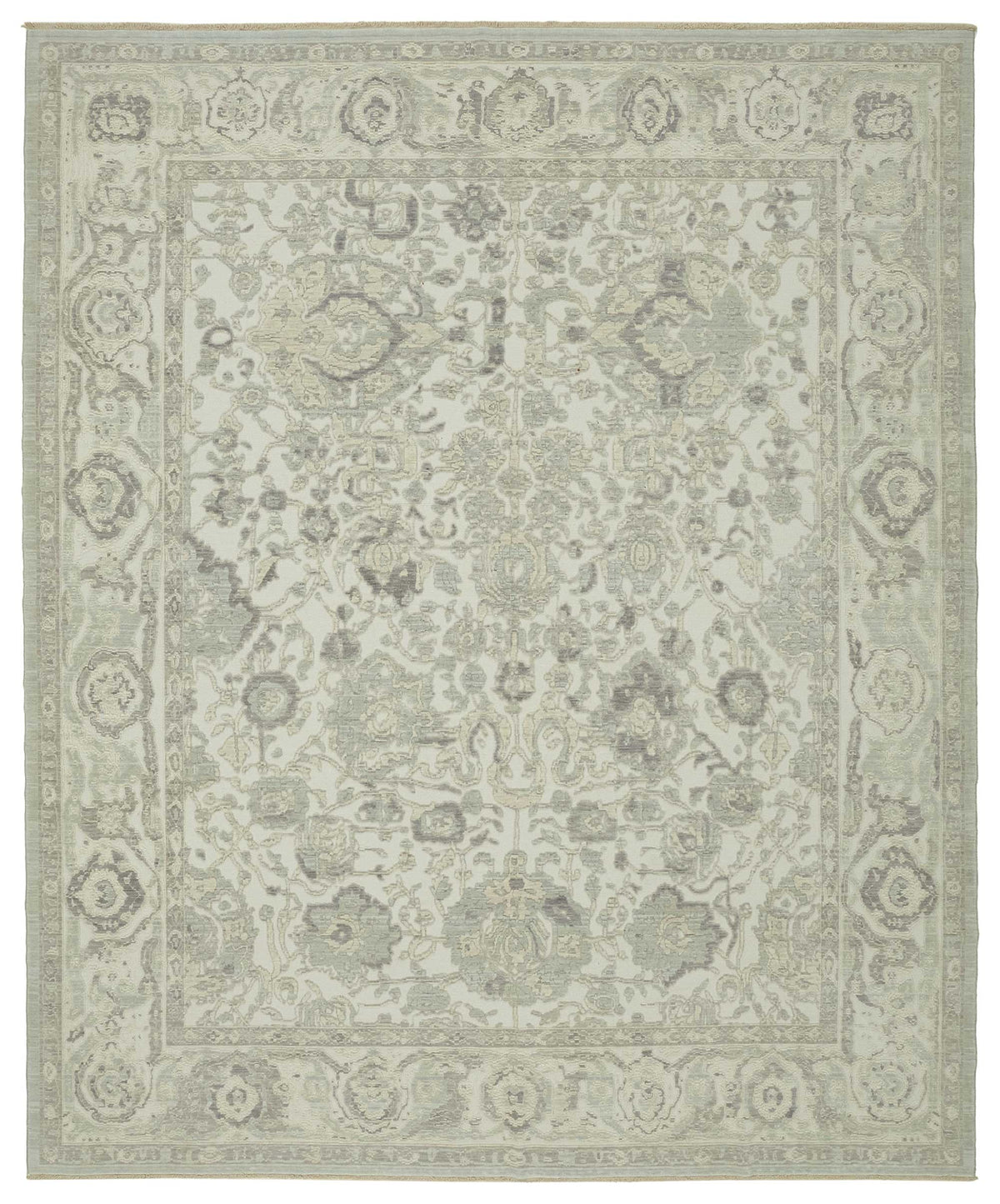 Veltos Beyaz ve Gri Çiçek Desenli Yün El Dokuma Halı 307x375 cm