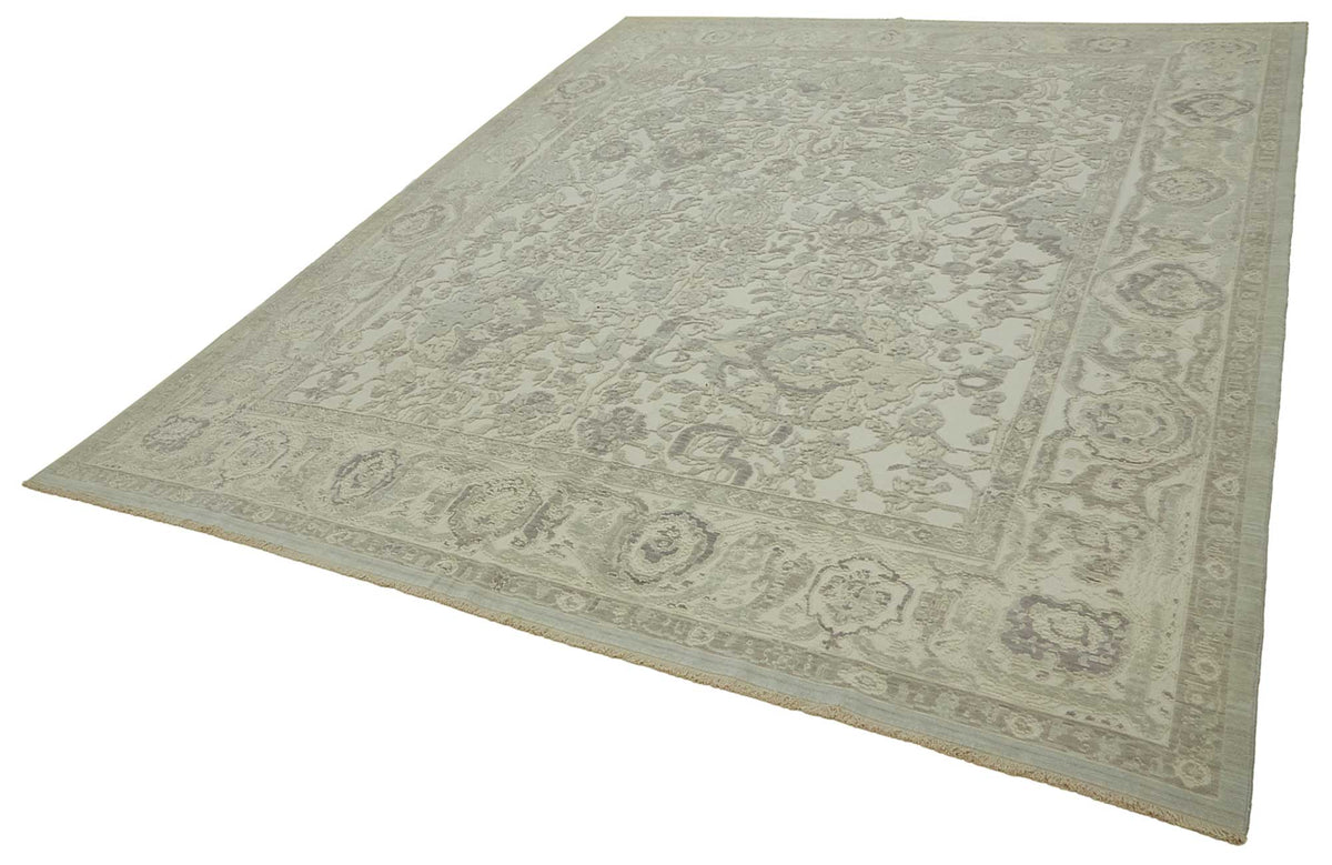 Veltos Beyaz ve Gri Çiçek Desenli Yün El Dokuma Halı 307x375 cm – doku yakın çekim