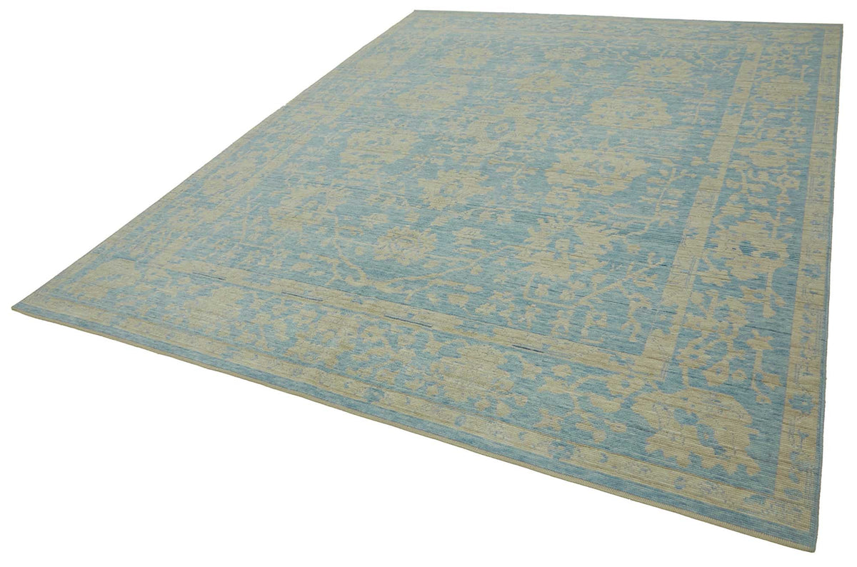 Veltos El Dokuma Uşak Halısı Turkuaz ve Bej Madalyonlu 298x386 cm – doku yakın çekim