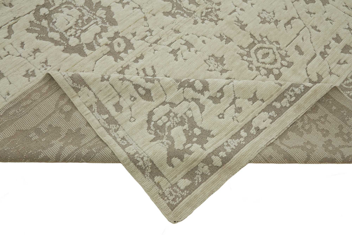 Veltos Bej Gri Madalyon Yün El Dokuma Halı 265x378 cm – kenar detayı