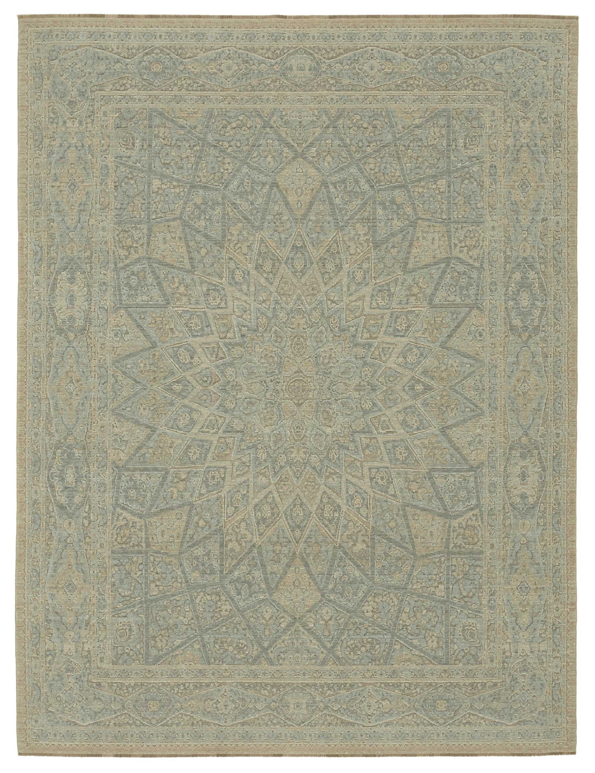 Veltos Uşak El Dokuma Bej Mavi Madalyon Desenli Halı 253x334 cm