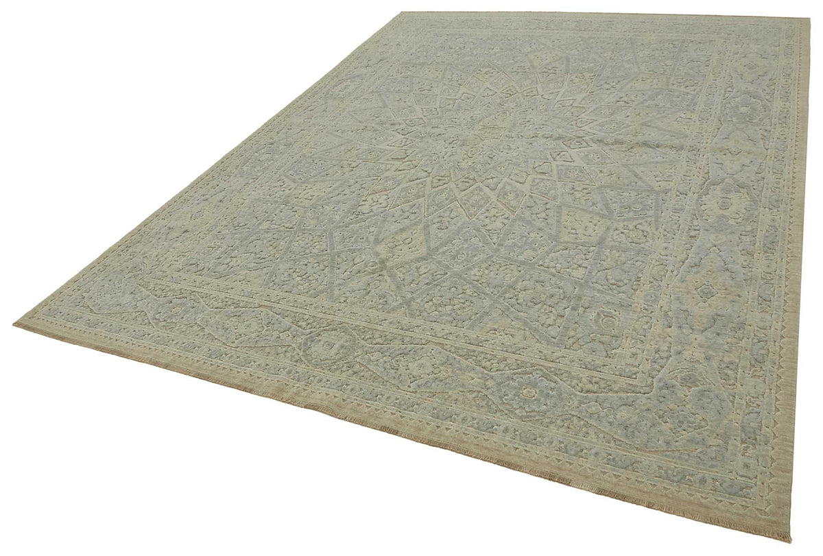 Veltos Uşak El Dokuma Bej Mavi Madalyon Desenli Halı 253x334 cm – doku yakın çekim