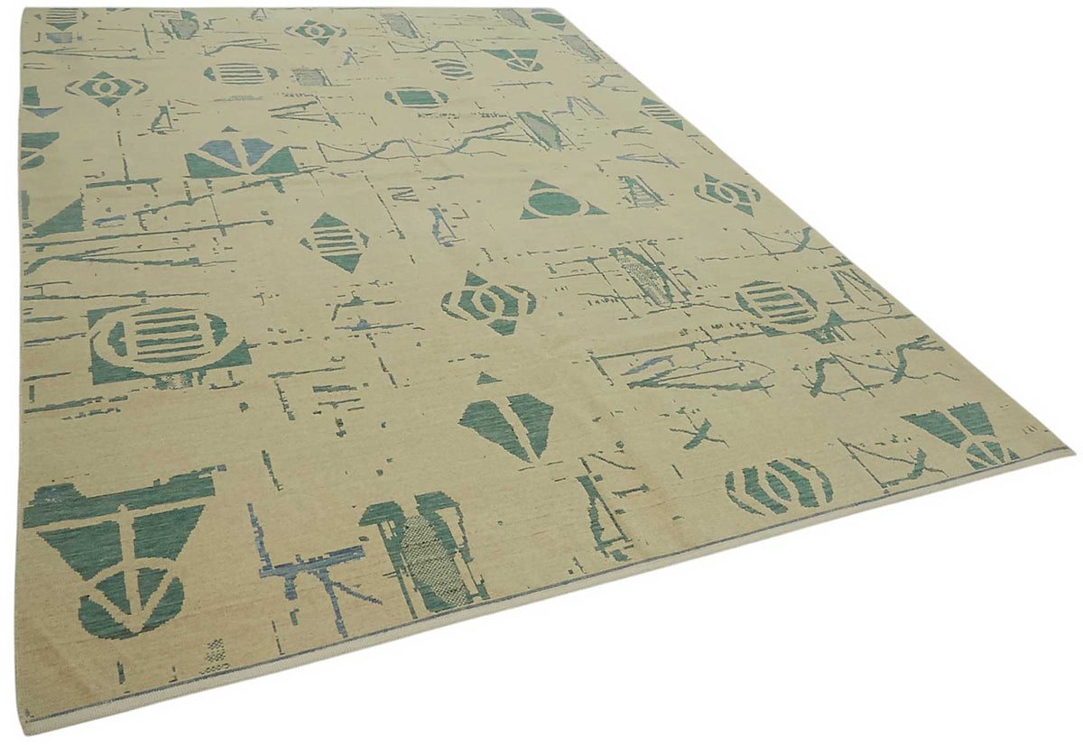 Veltos Bej Turkuaz Geometrik El Dokuma Halı 250x354 cm – genel görünüm