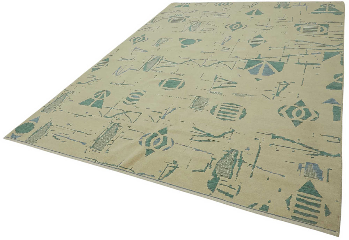 Veltos Bej Turkuaz Geometrik El Dokuma Halı 250x354 cm – doku yakın çekim