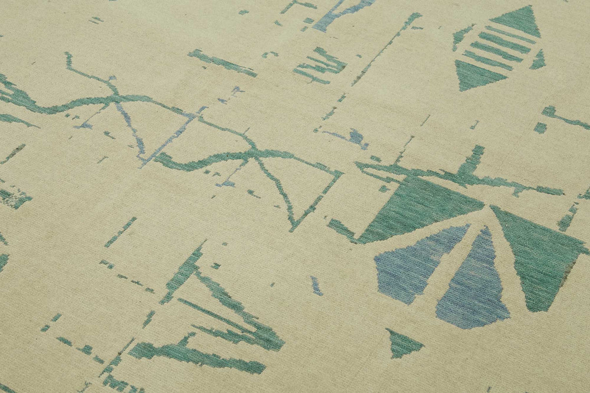 Veltos Bej Turkuaz Geometrik El Dokuma Halı 250x354 cm – mekânda kullanım
