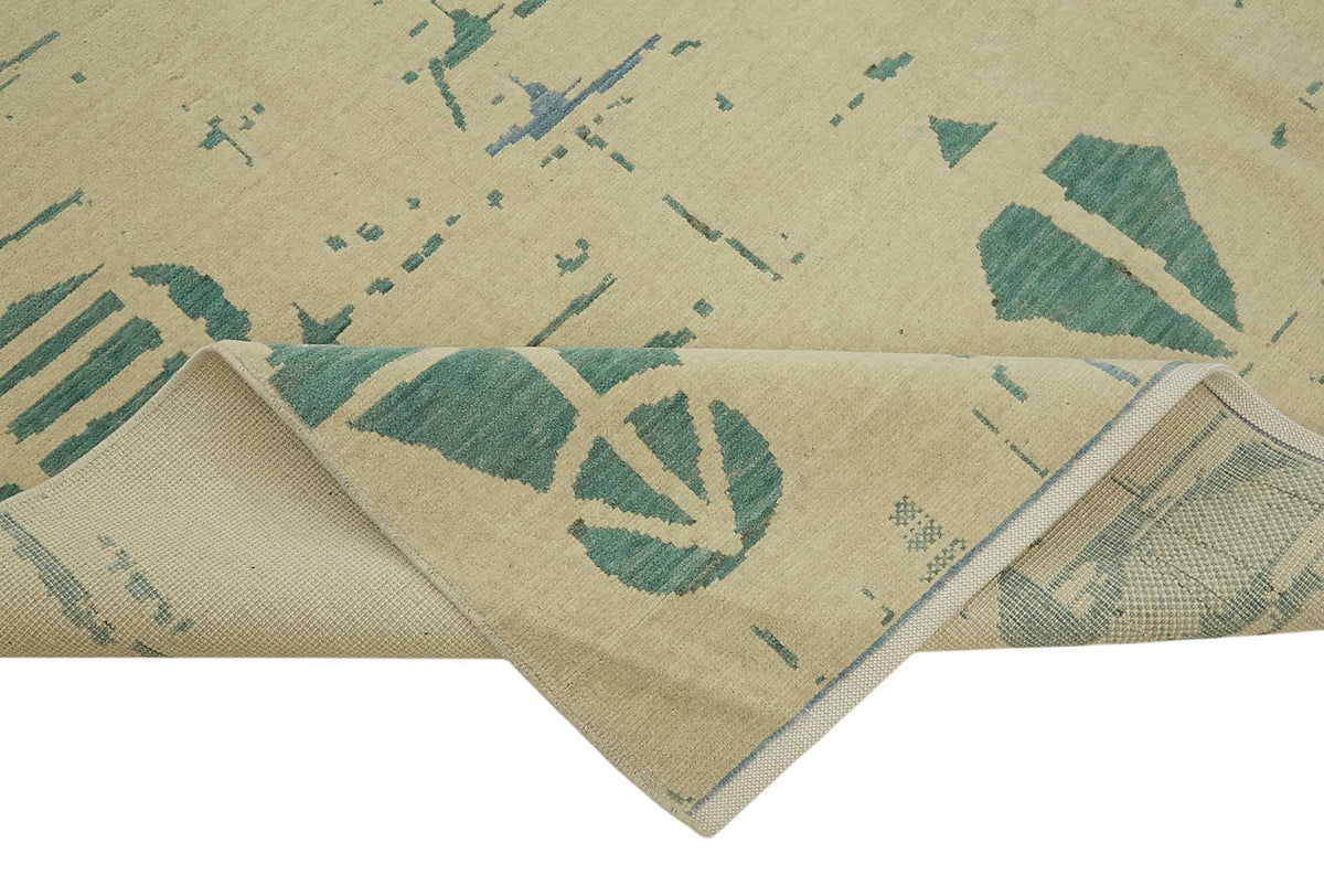 Veltos Bej Turkuaz Geometrik El Dokuma Halı 250x354 cm – kenar detayı