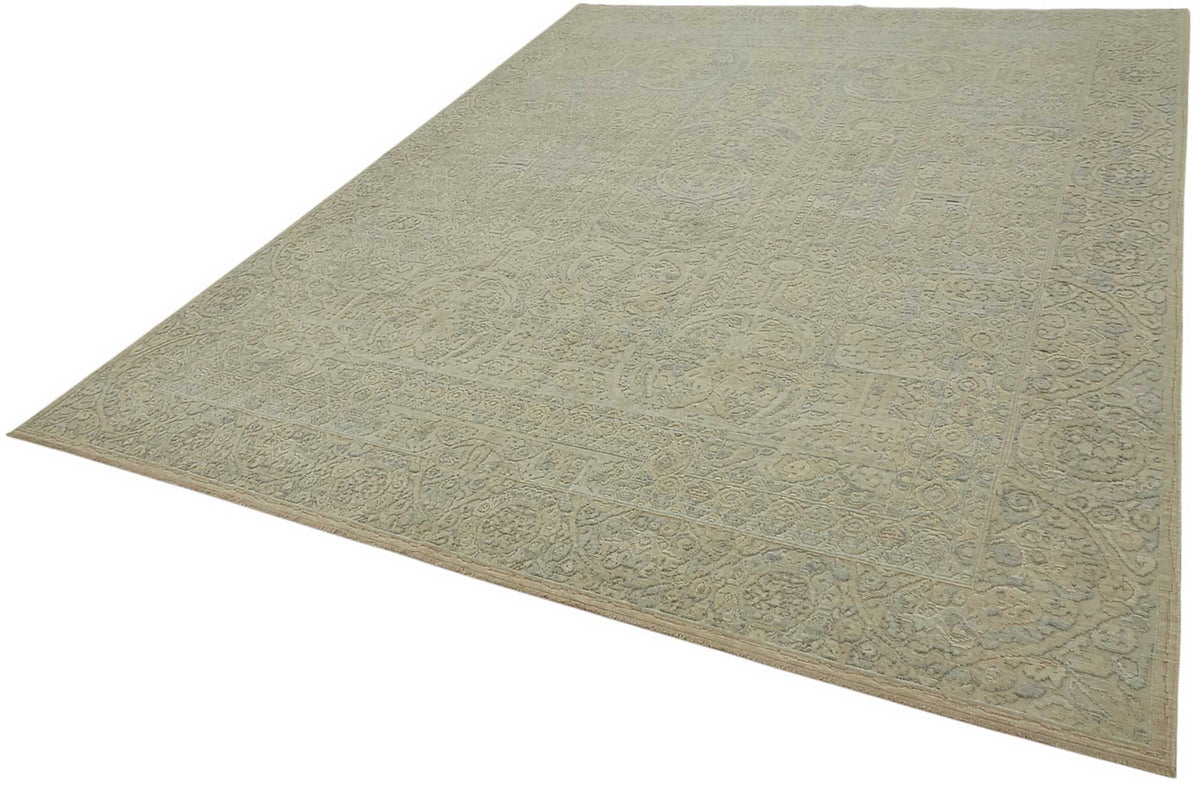 Veltos Bej Gri Madalyonlu Yün El Dokuma Uşak Halısı 277x350 cm – doku yakın çekim
