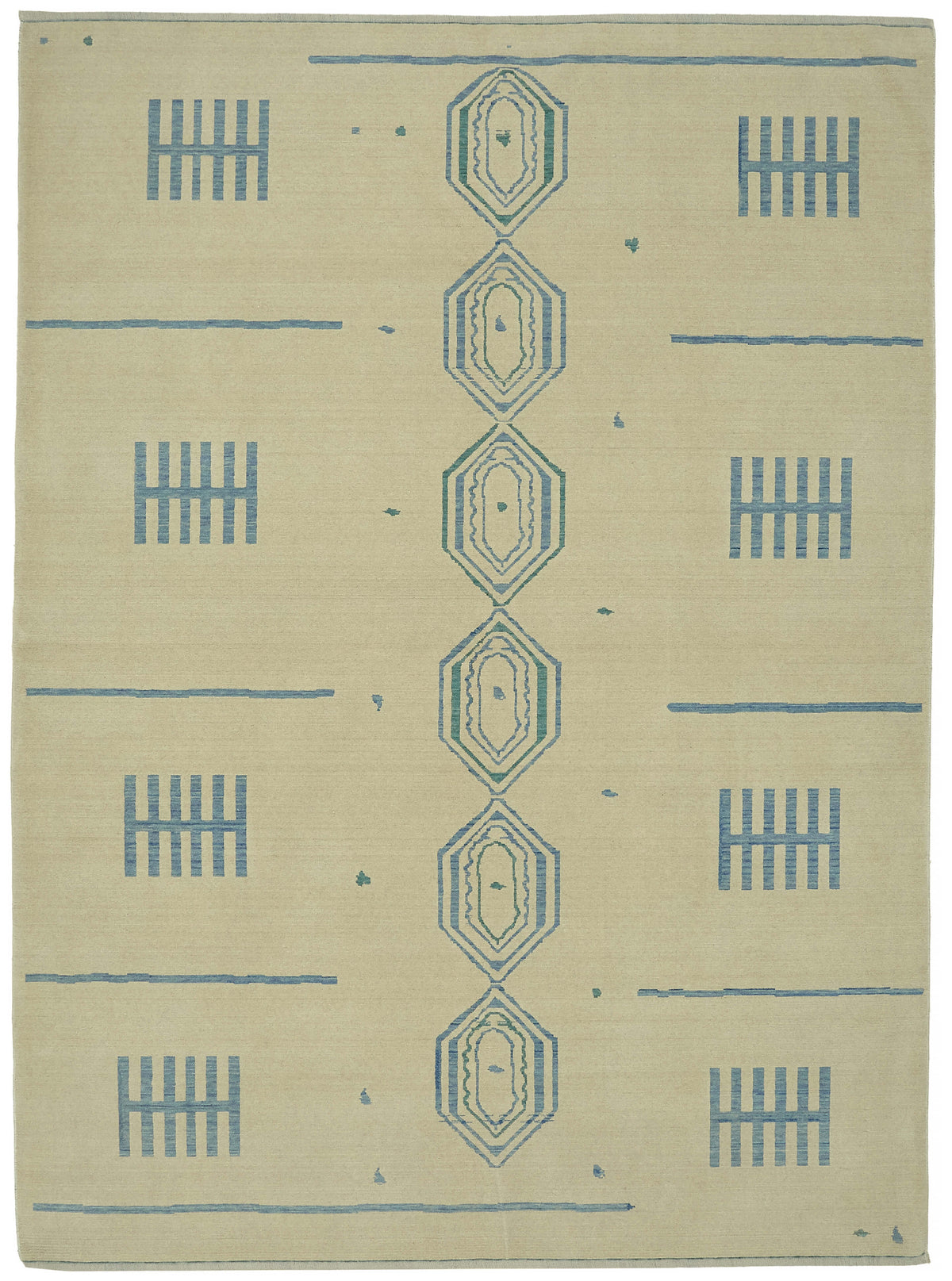 Veltos Bej Mavi Geometrik Desenli Yün Pamuk El Dokuma Halı 265x351 cm