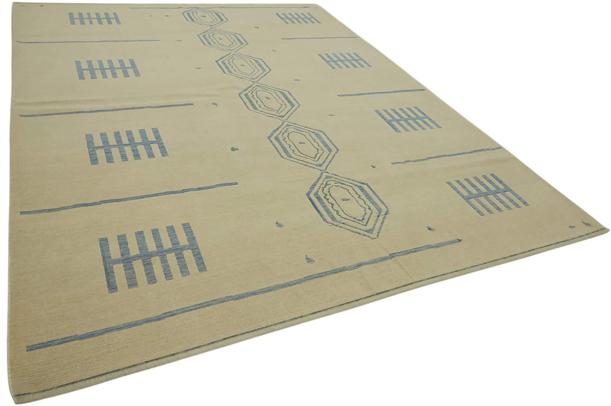 Veltos Bej Mavi Geometrik Desenli Yün Pamuk El Dokuma Halı 265x351 cm – genel görünüm