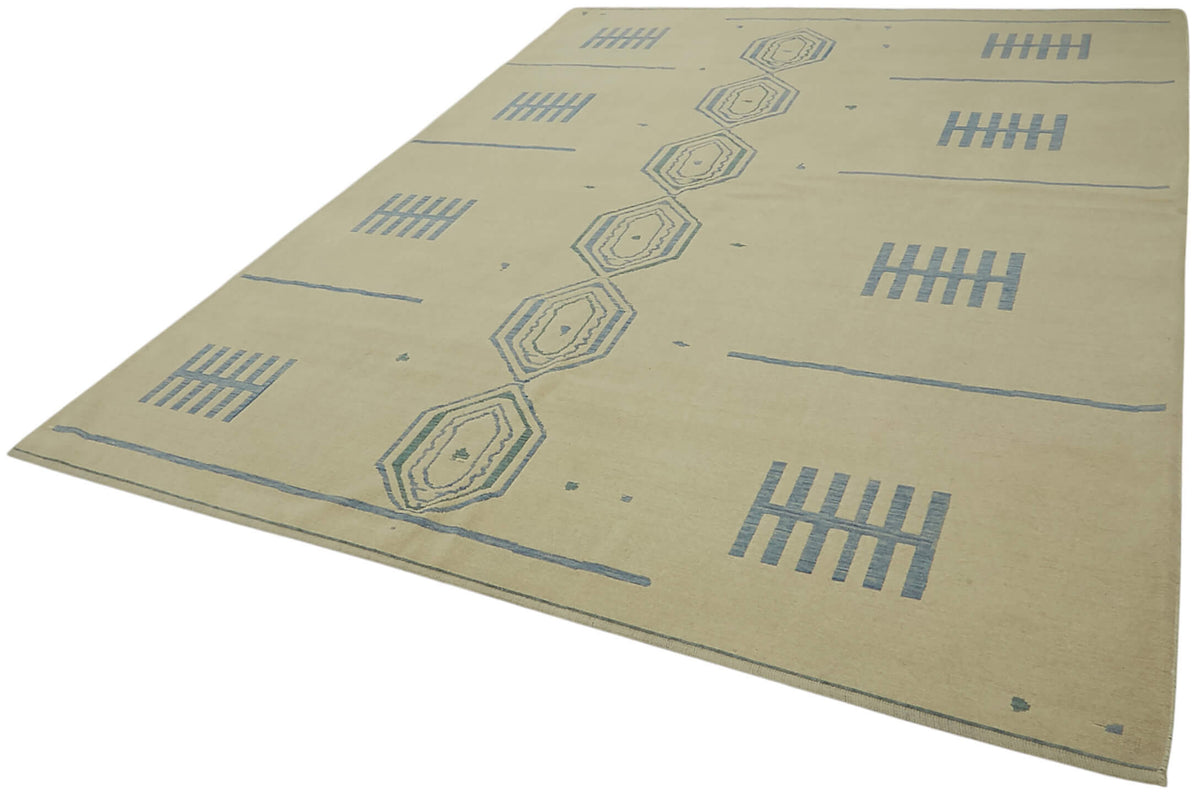 Veltos Bej Mavi Geometrik Desenli Yün Pamuk El Dokuma Halı 265x351 cm – doku yakın çekim
