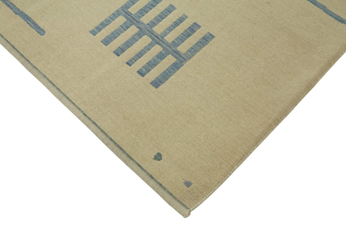 Veltos Bej Mavi Geometrik Desenli Yün Pamuk El Dokuma Halı 265x351 cm – detay görünümü