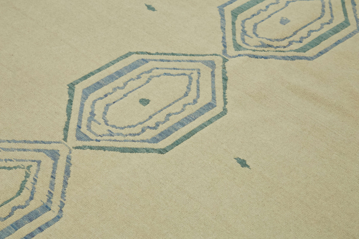 Veltos Bej Mavi Geometrik Desenli Yün Pamuk El Dokuma Halı 265x351 cm – mekânda kullanım