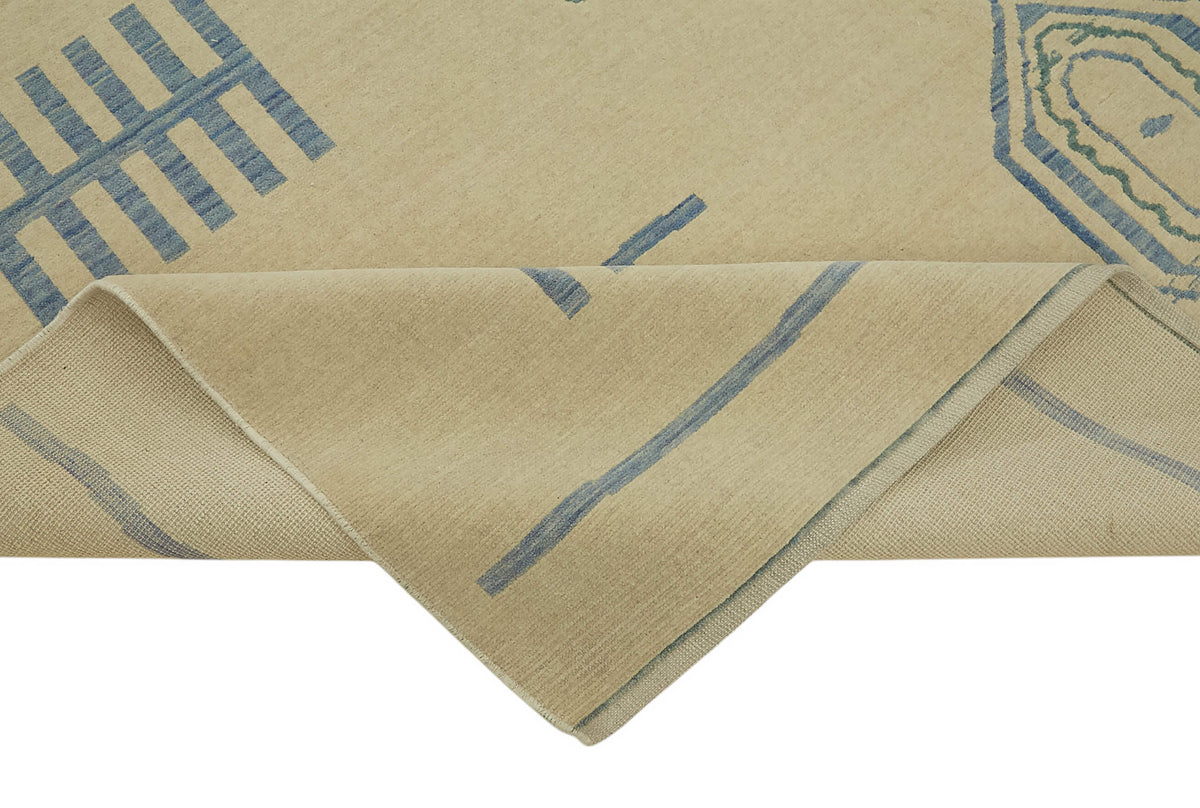 Veltos Bej Mavi Geometrik Desenli Yün Pamuk El Dokuma Halı 265x351 cm – kenar detayı