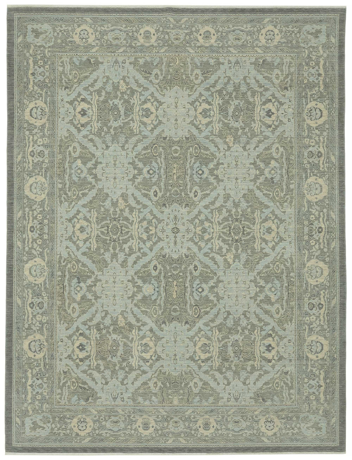 Veltos Gri Mavi Madalyon Desenli Yün El Dokuma Halı 269x356 cm