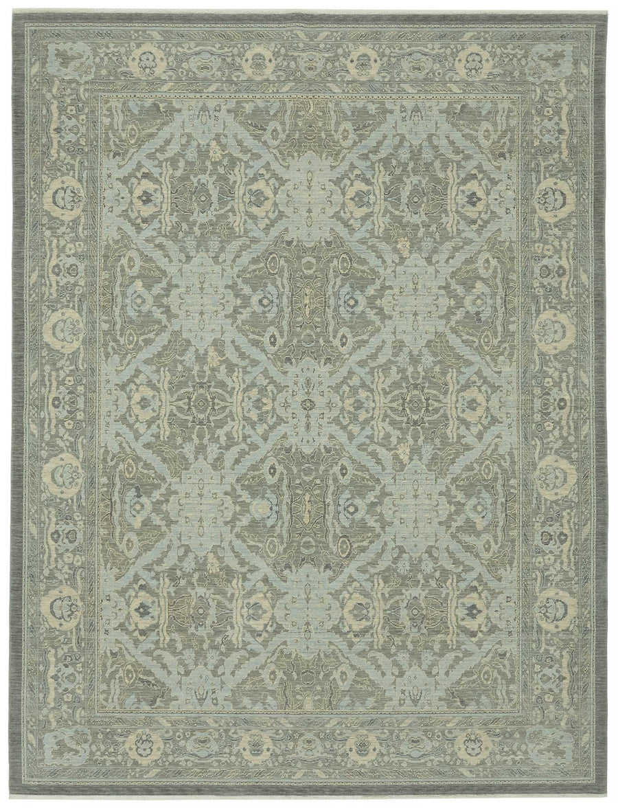 Veltos Gri Mavi Madalyon Desenli Yün El Dokuma Halı 269x356 cm