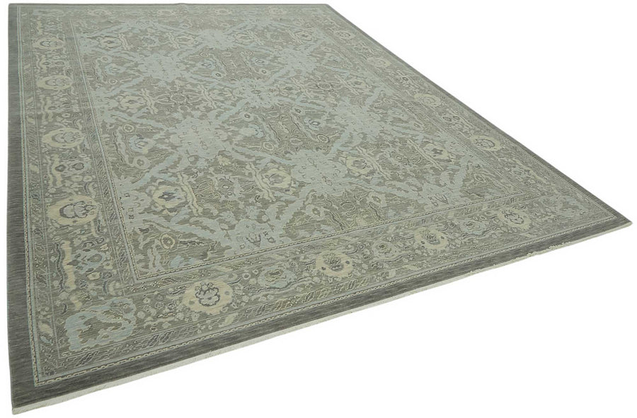 Veltos Gri Mavi Madalyon Desenli Yün El Dokuma Halı 269x356 cm – genel görünüm