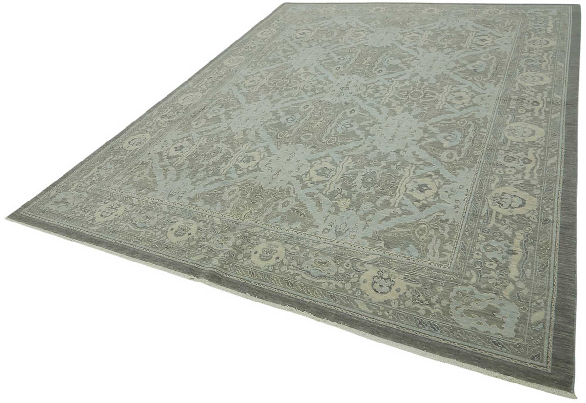 Veltos Gri Mavi Madalyon Desenli Yün El Dokuma Halı 269x356 cm – doku yakın çekim