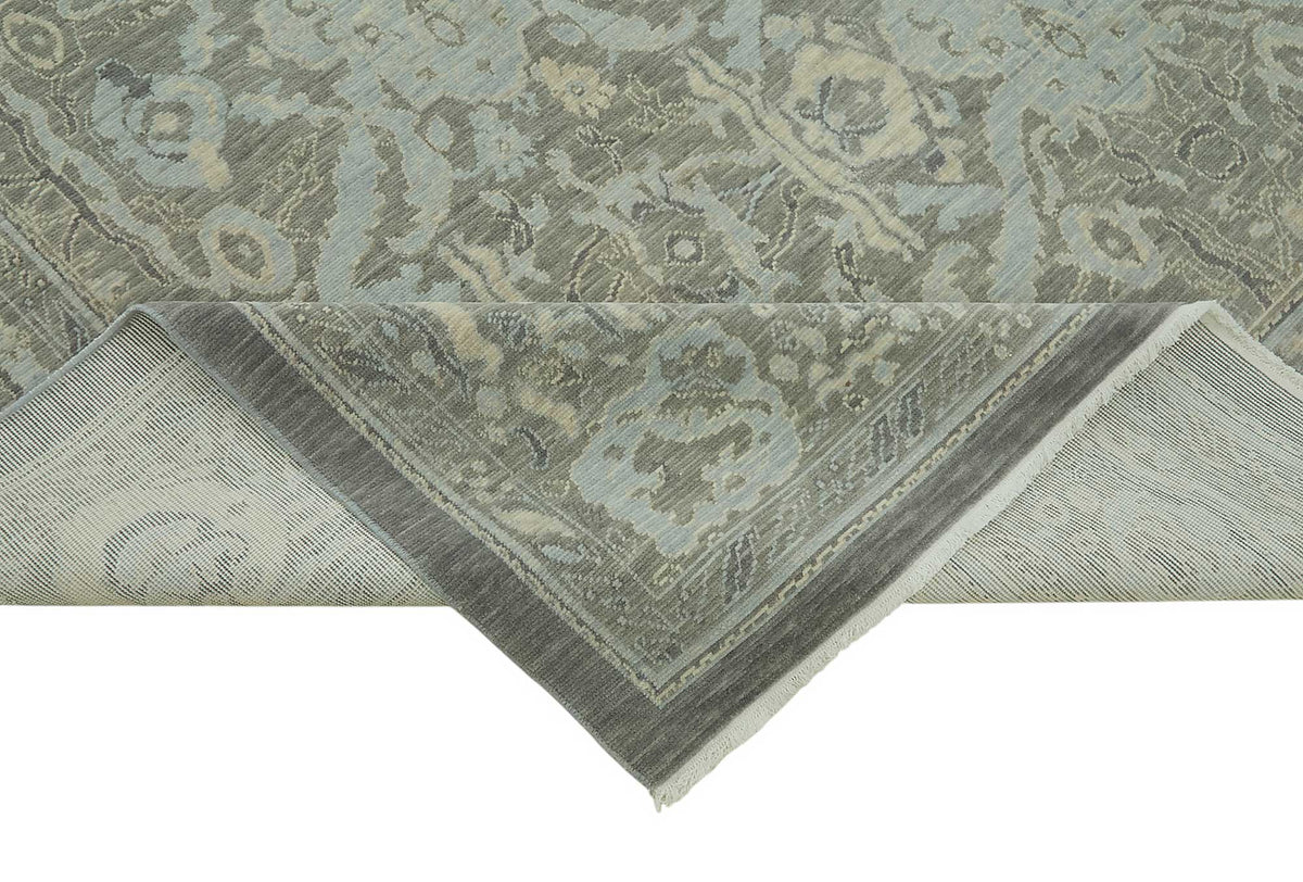 Veltos Gri Mavi Madalyon Desenli Yün El Dokuma Halı 269x356 cm – kenar detayı