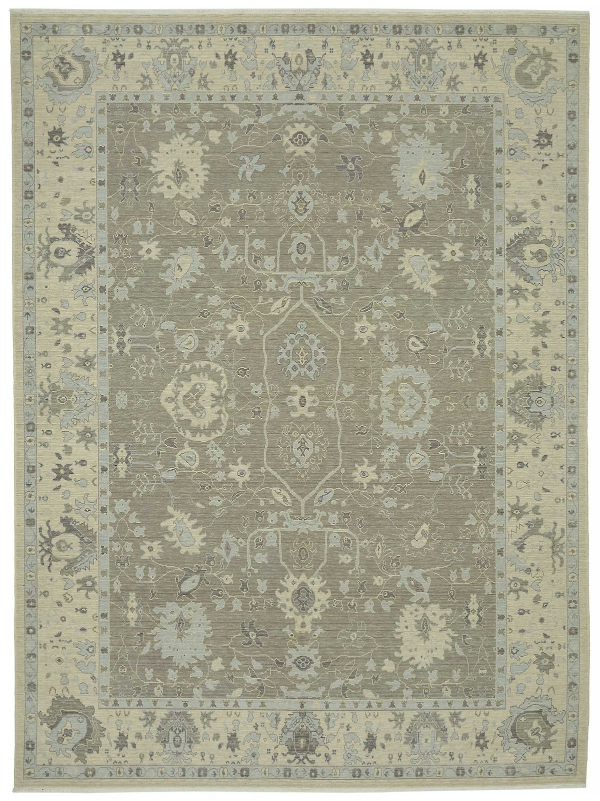 Veltos Çiçek Desenli Açık Gri ve Krem El Dokuma Halı 256x346 cm