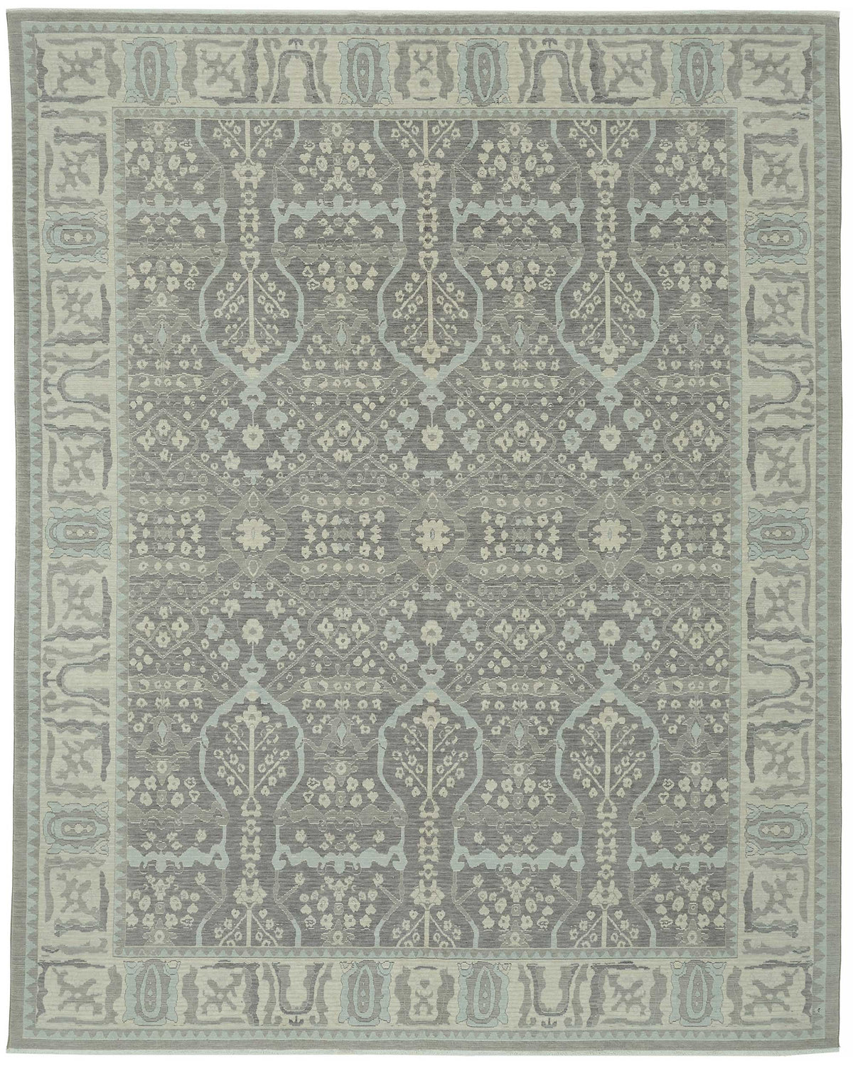 Veltos Gri Mavi Geometrik Desenli Yün Pamuk El Dokuma Halı 294x373 cm
