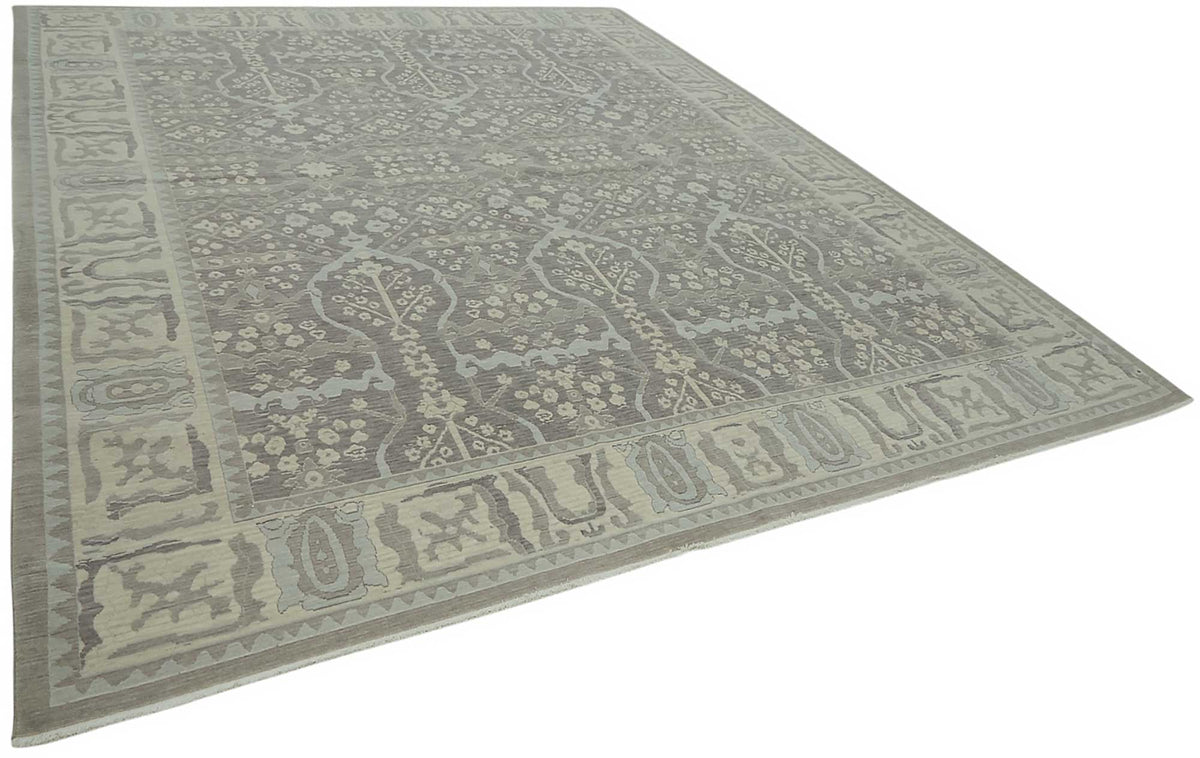 Veltos Gri Mavi Geometrik Desenli Yün Pamuk El Dokuma Halı 294x373 cm – genel görünüm