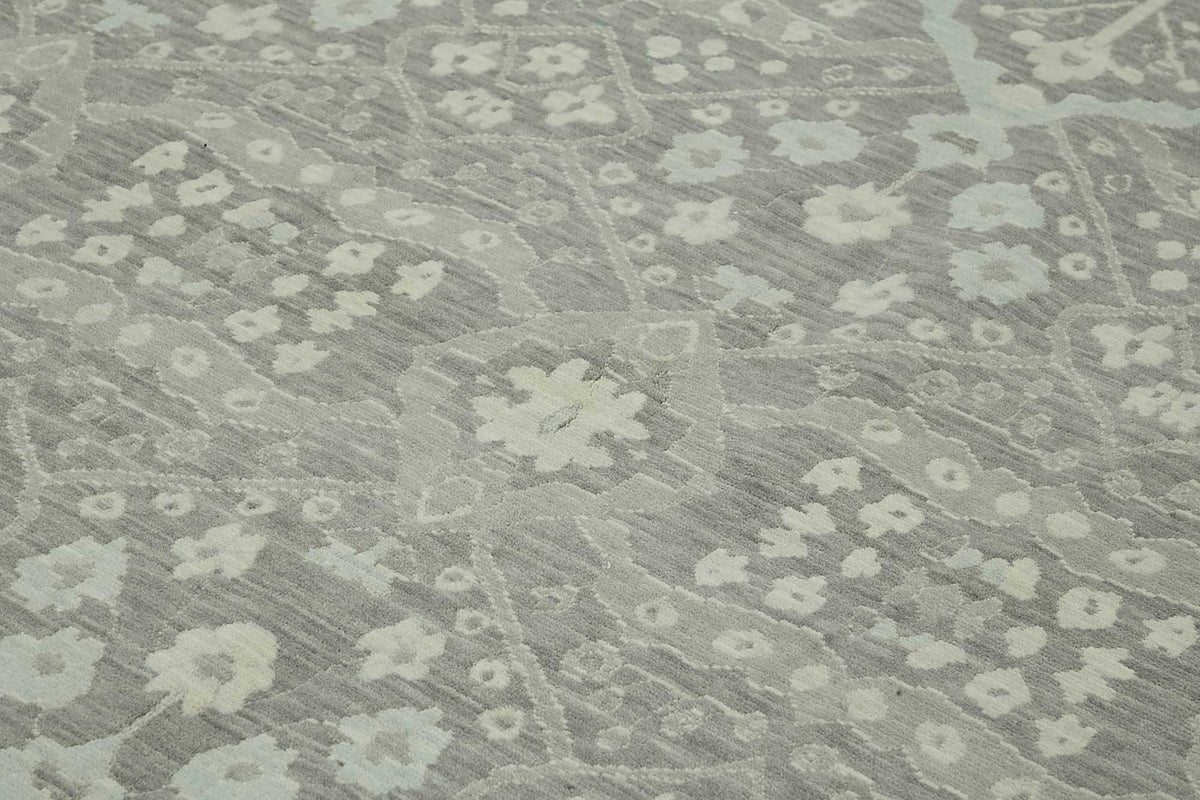 Veltos Gri Mavi Geometrik Desenli Yün Pamuk El Dokuma Halı 294x373 cm – mekânda kullanım