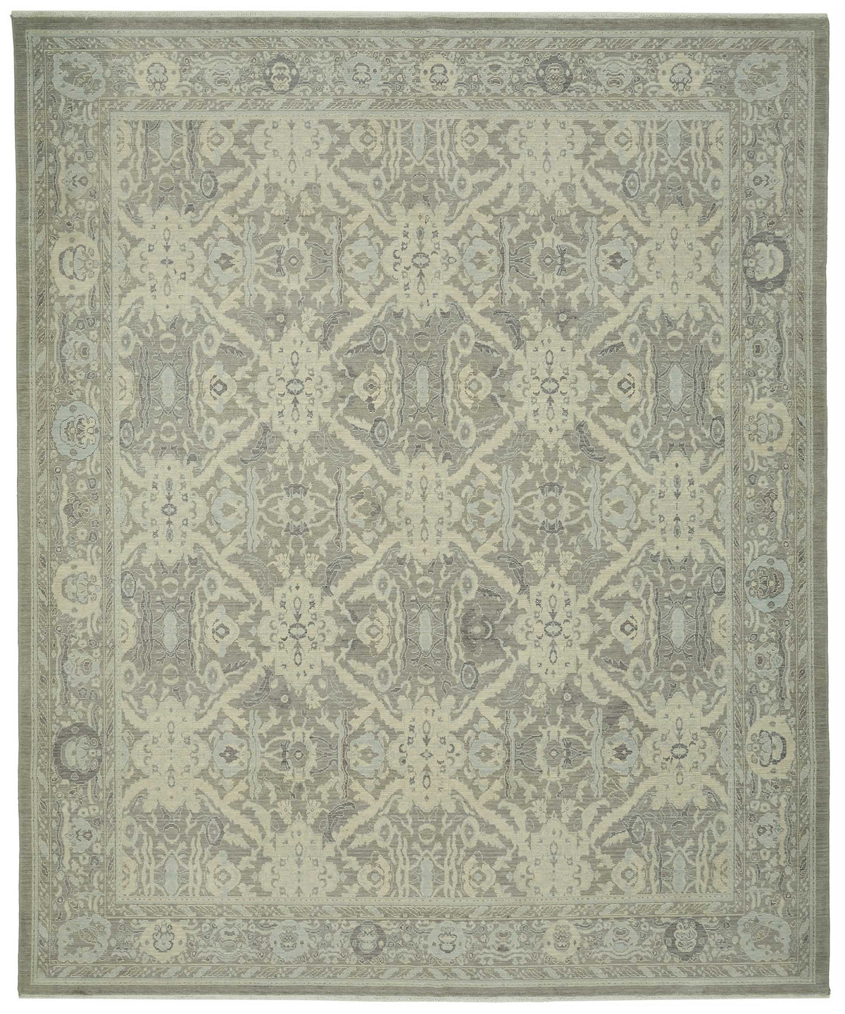 Veltos Madalyon Desenli Açık Gri Bej El Dokuma Uşak Halısı 305x376 cm