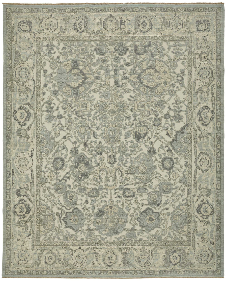 Veltos Bej Gri Çiçek Desenli Klasik Uşak El Dokuma Halı 305x375 cm