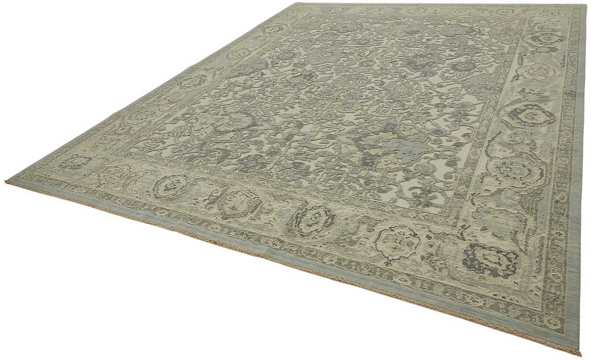 Veltos Bej Gri Çiçek Desenli Klasik Uşak El Dokuma Halı 305x375 cm – doku yakın çekim