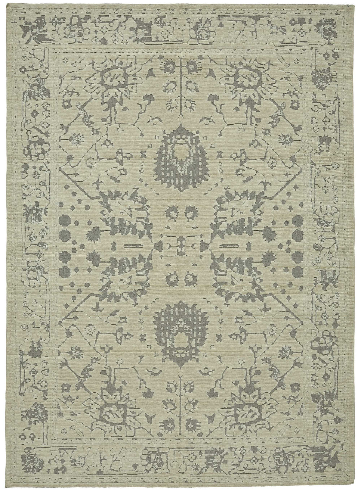 Veltos Düz Gri Bej Çiçekli Yün El Dokuma Halı 270x377 cm