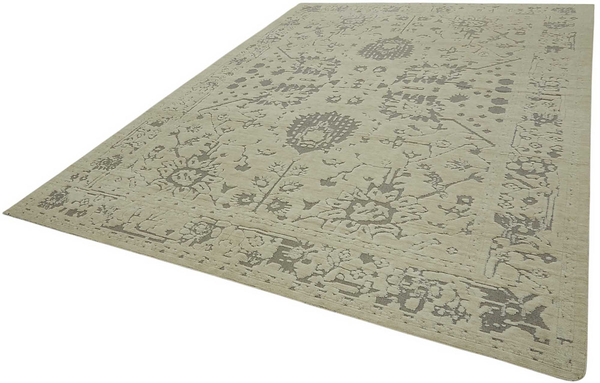Veltos Düz Gri Bej Çiçekli Yün El Dokuma Halı 270x377 cm – doku yakın çekim