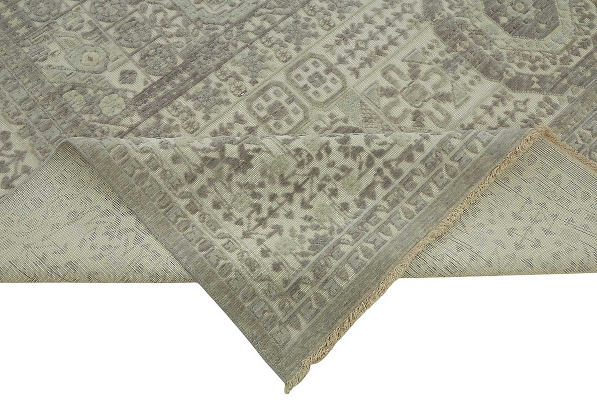 Veltos Gri Bej Geometrik Desenli Modern El Dokuma Halı 295x376 cm – kenar detayı