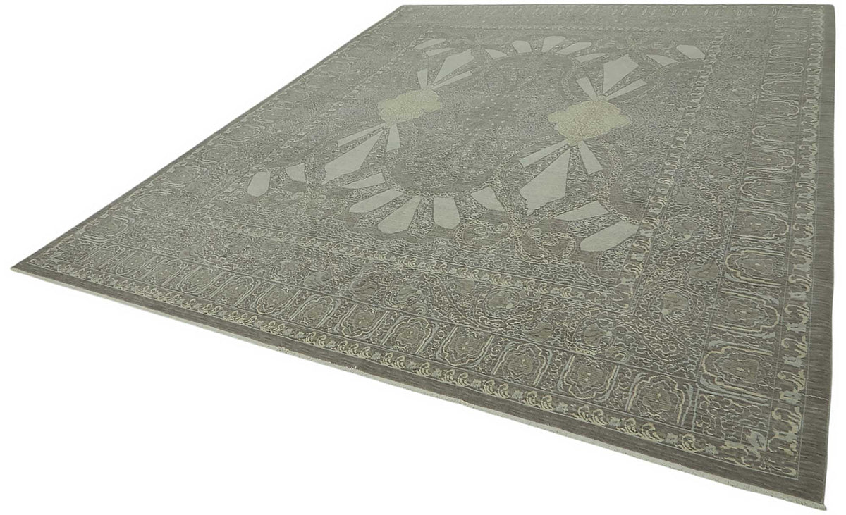Veltos Gri Bej Madalyon Desenli Klasik El Dokuma Halı 310x370 cm – doku yakın çekim